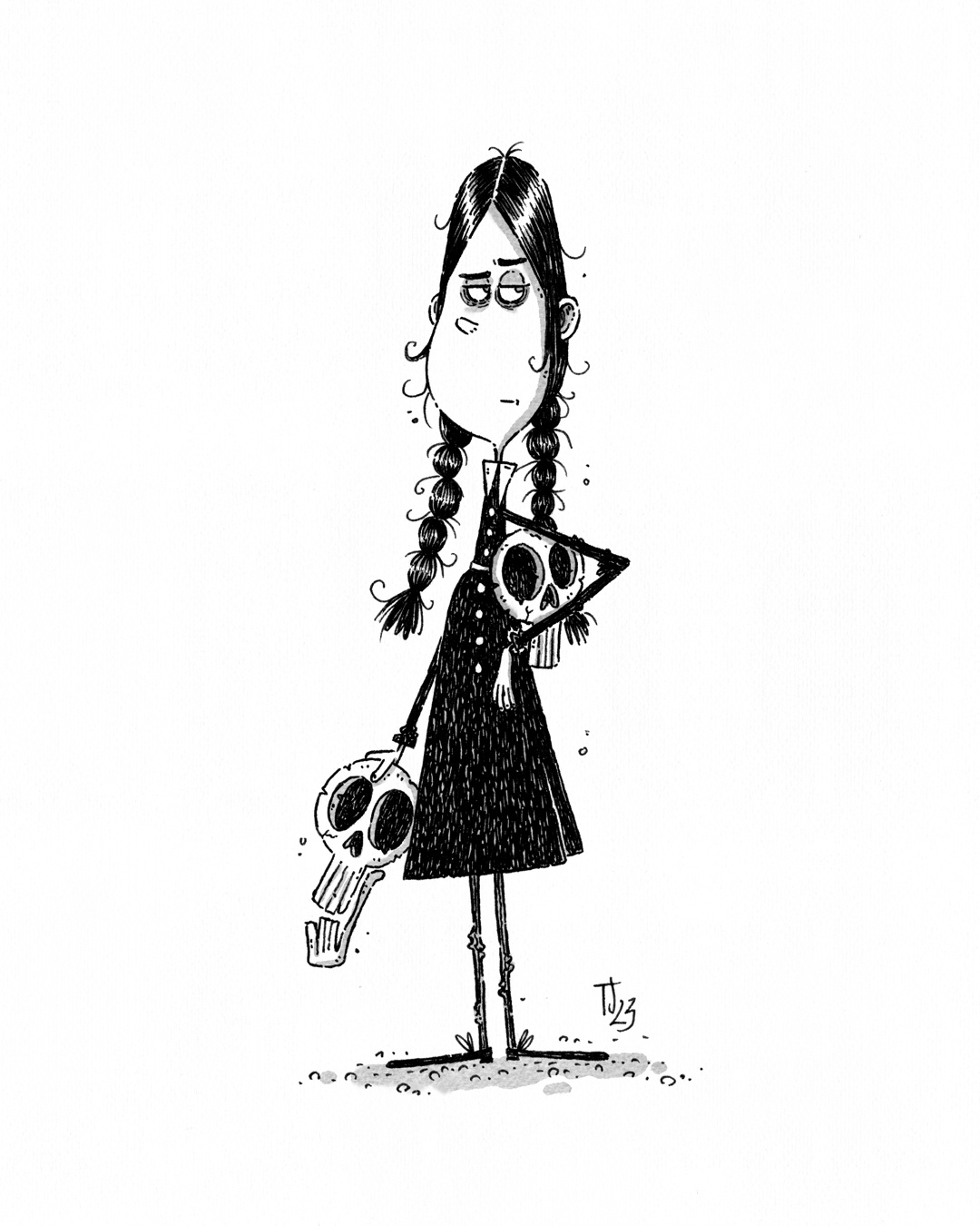 Ink drawing of a Wednesday Addams, a young grave girl, holding a small skull.