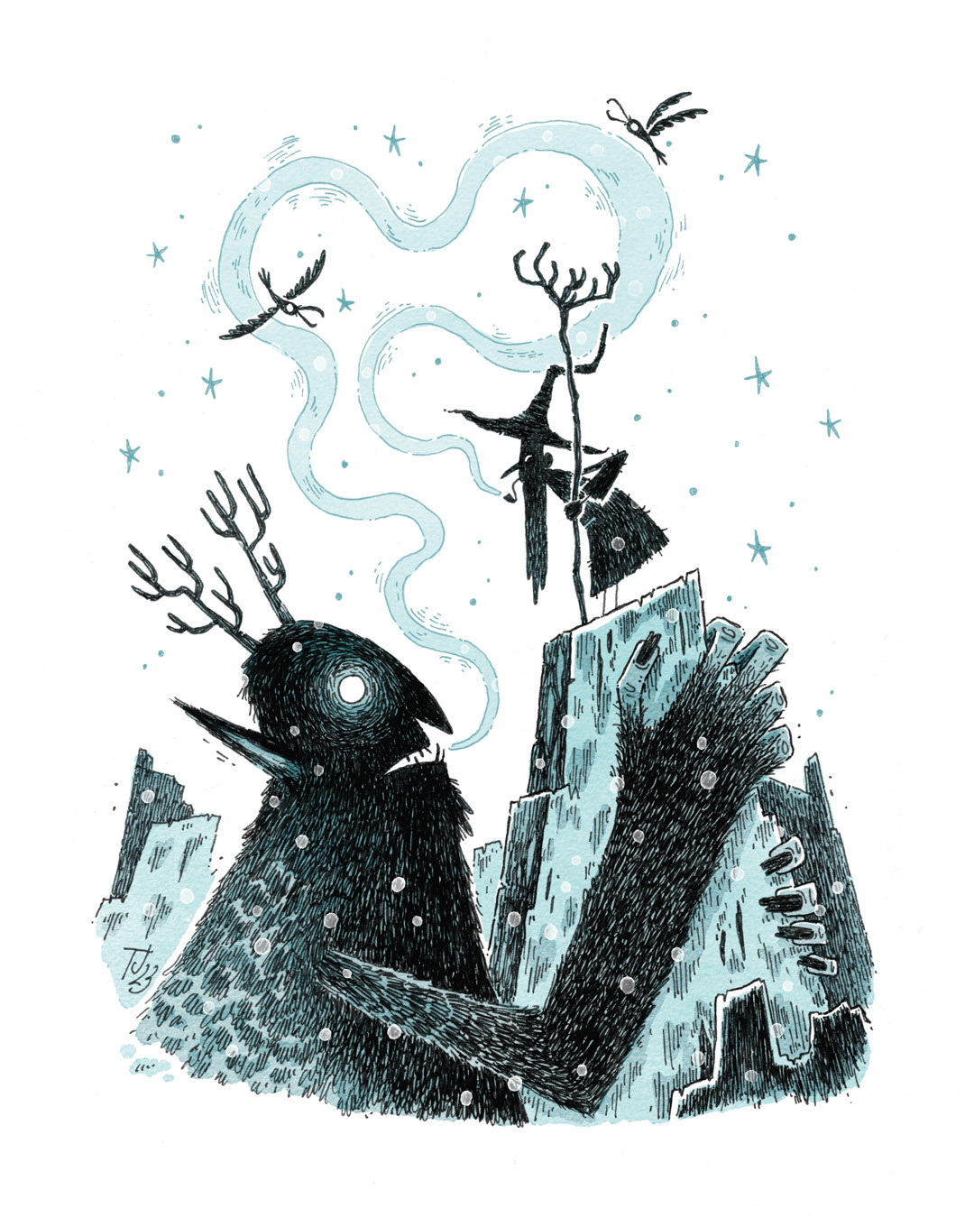 Ink drawing of a silhouette of a wizard standing faced to a horned frost giant.