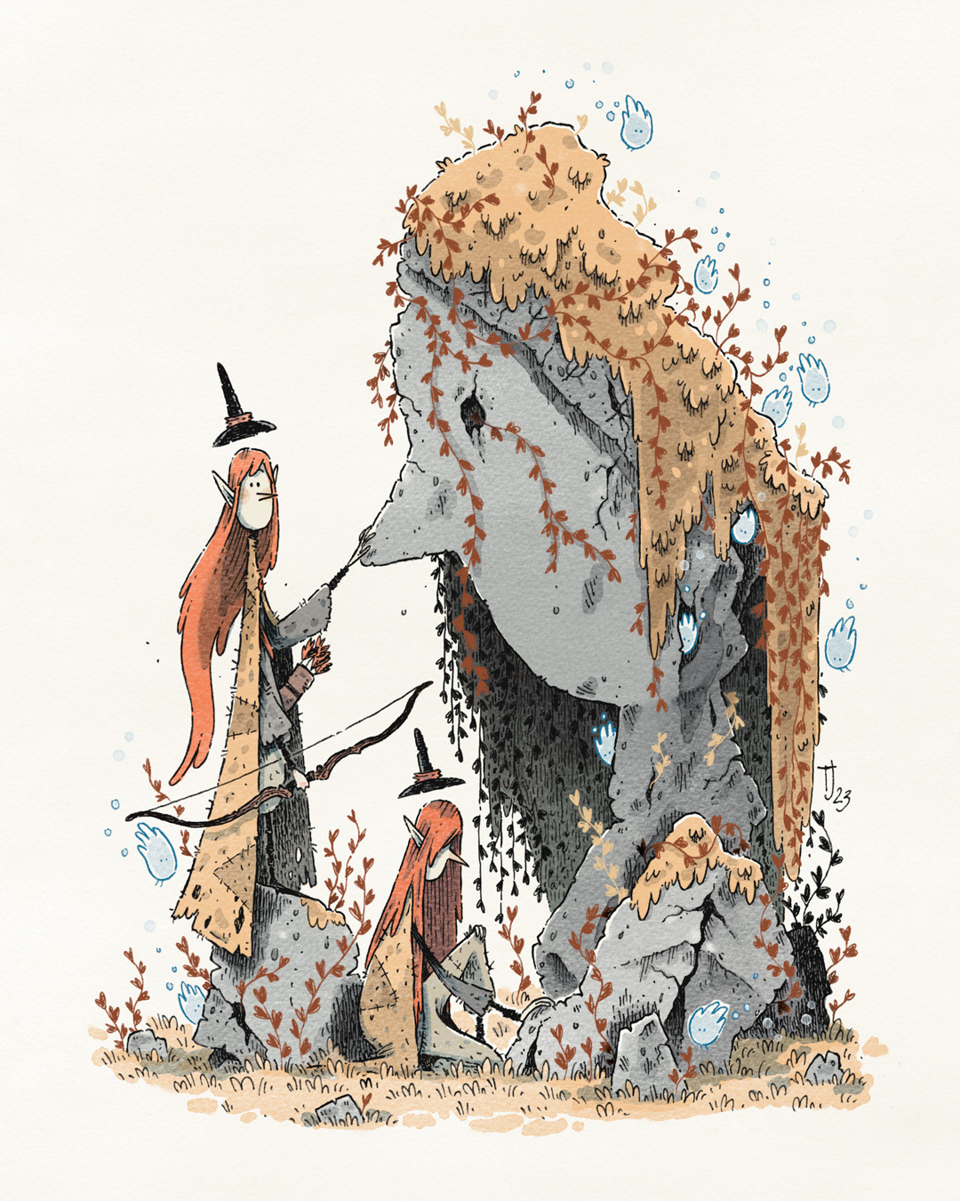 Illustration of two elves next to a very old giant statue.
