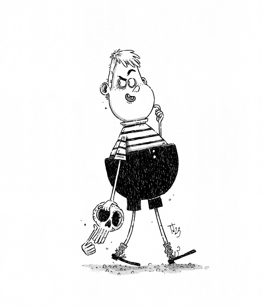 Ink drawing of Pugsley Addams, a character from the Addams Family, looking mischivious and holding a tiny skull in his hand.