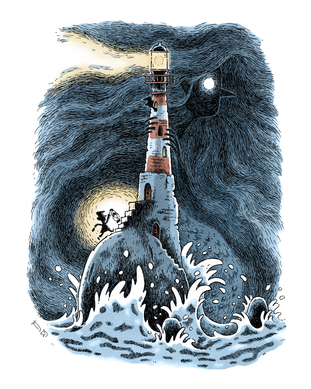 Illustration of a lighthouse standing on a lonely rock, with small character walking towards the lighthouse and holding a lantern. In the dark background, there's a silhouette of sea spirit, its eye as a moon and hair as a dark sky.