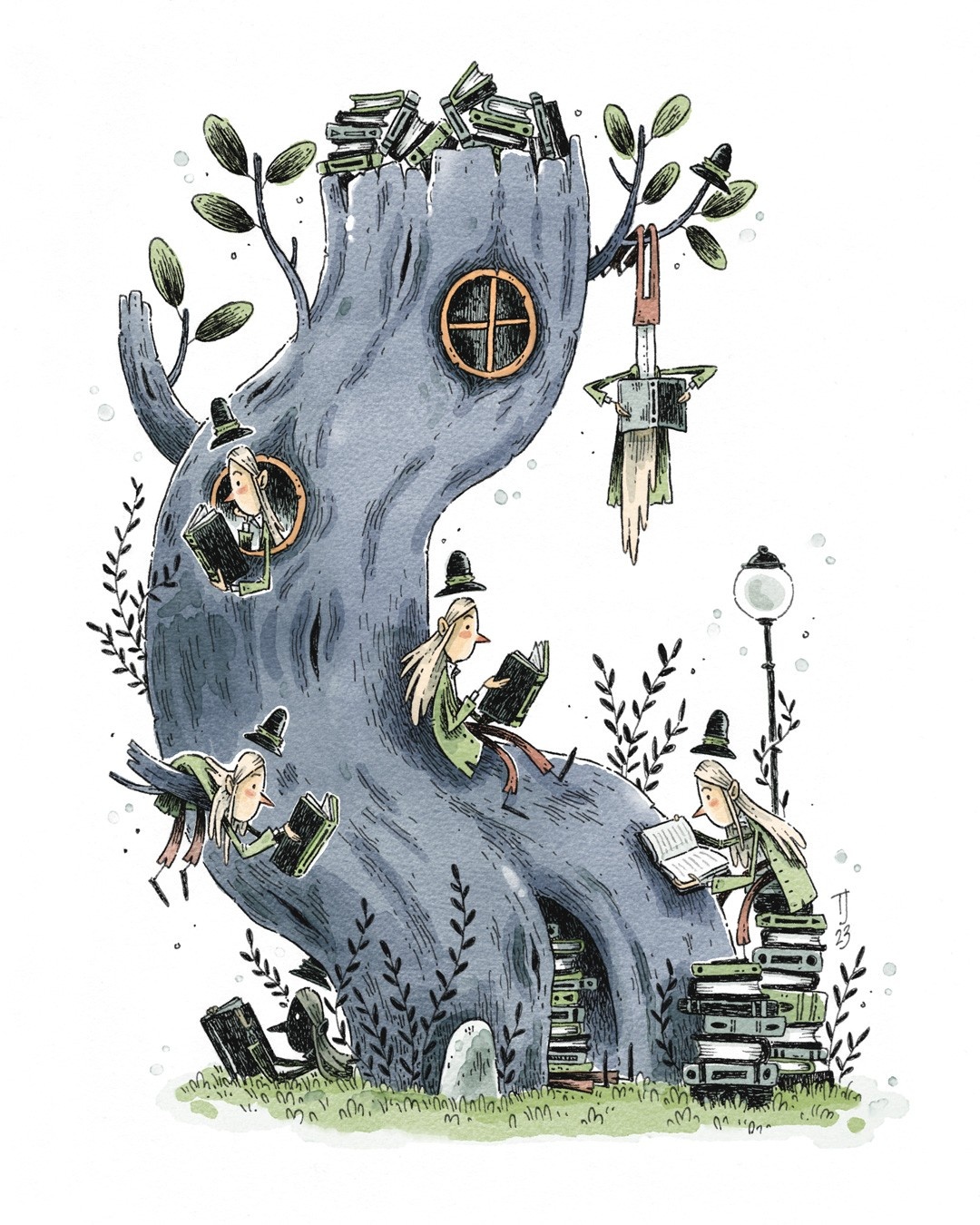 Illustration of a tree and small characters reading books beside the tree.