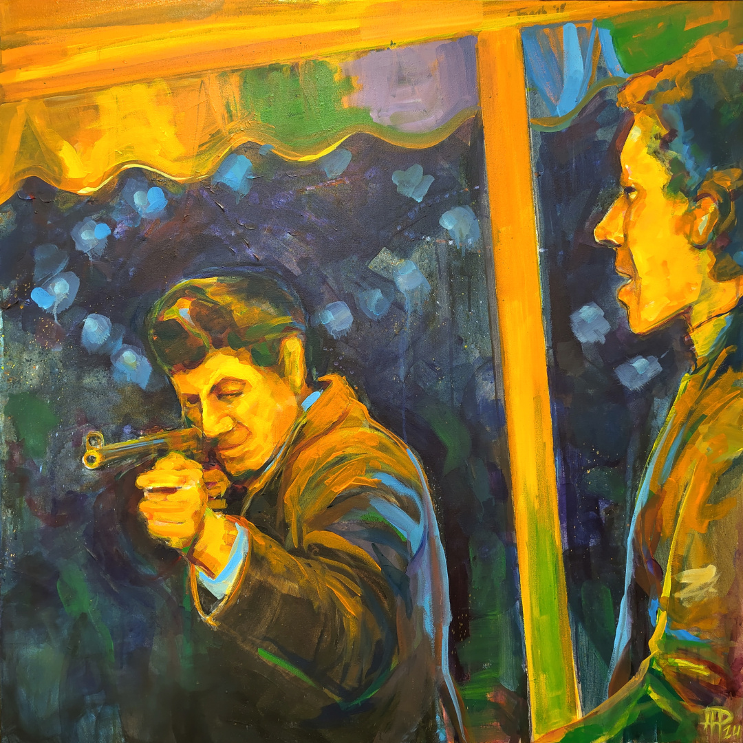 painting of a shooting galery at a fairground in the sixties