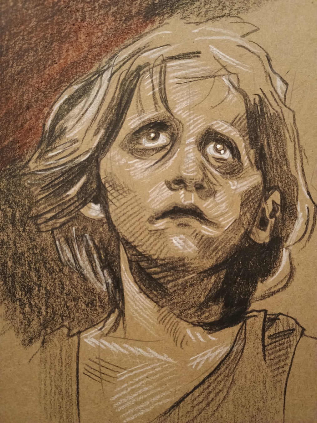 carbon pencil sketch of an indigent child gazing upward