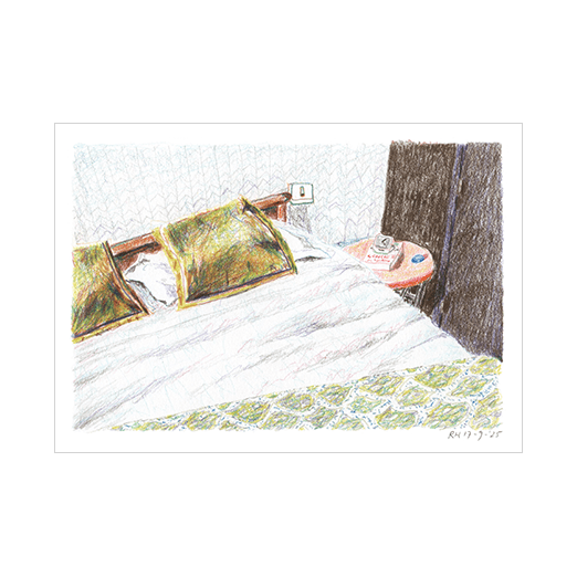 This is another French hotel room I slept in.
"Quimper, hotelkamer" | "Quimper, Hotel Room", kleurpotlood | coloured pencil, 15x21cm.