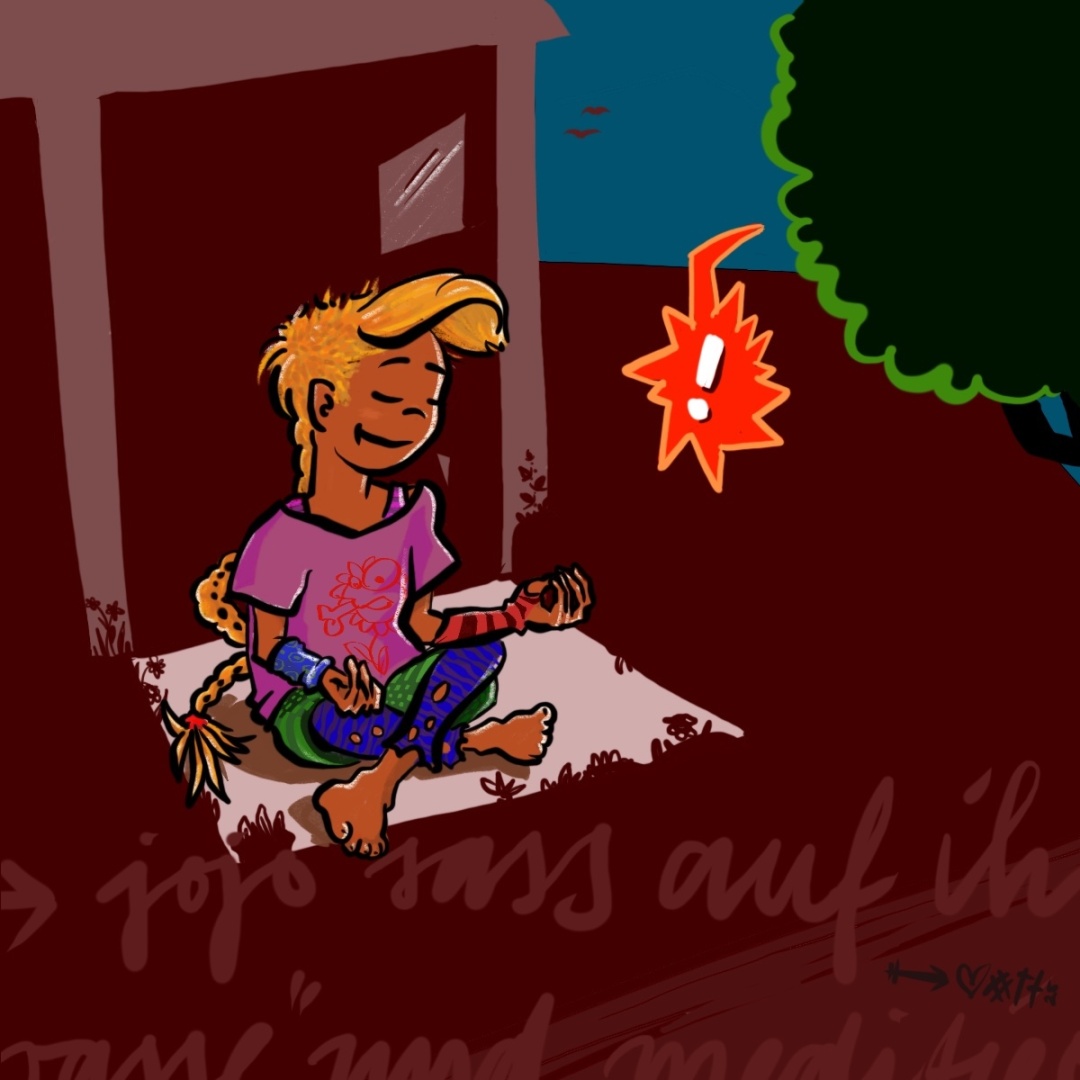 jojo sitzt auf ihrer terrasse und meditiert ...