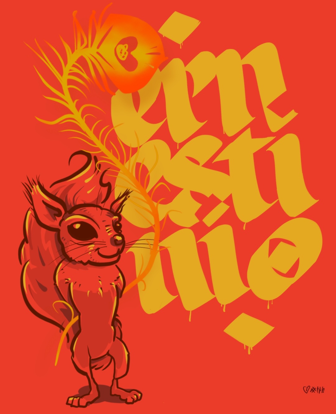 ein eichhörnchen ‚versteckt‘ eine pfauenfeder hinter dem rücken - daneben in grossen buchstaben ern / esti / nio