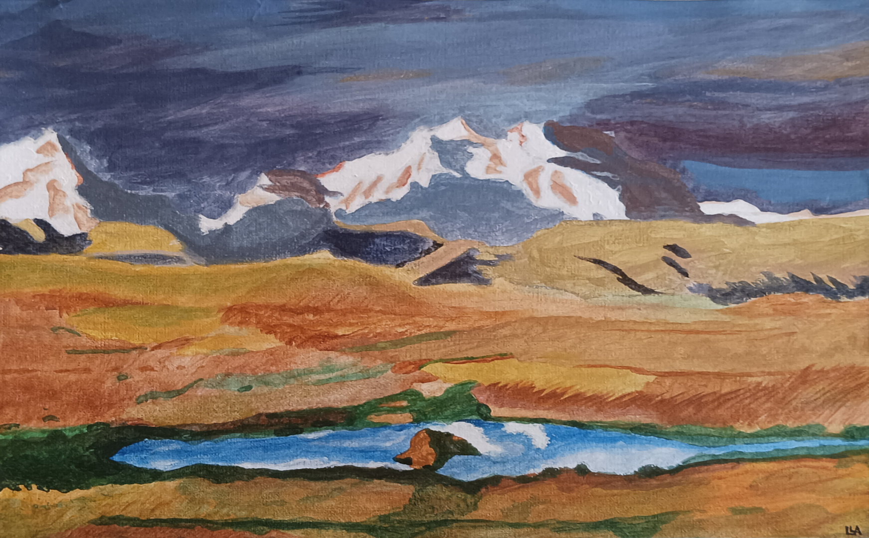 Acrylic painting of a chain of mountains, with a lake and tall grass in foreground.