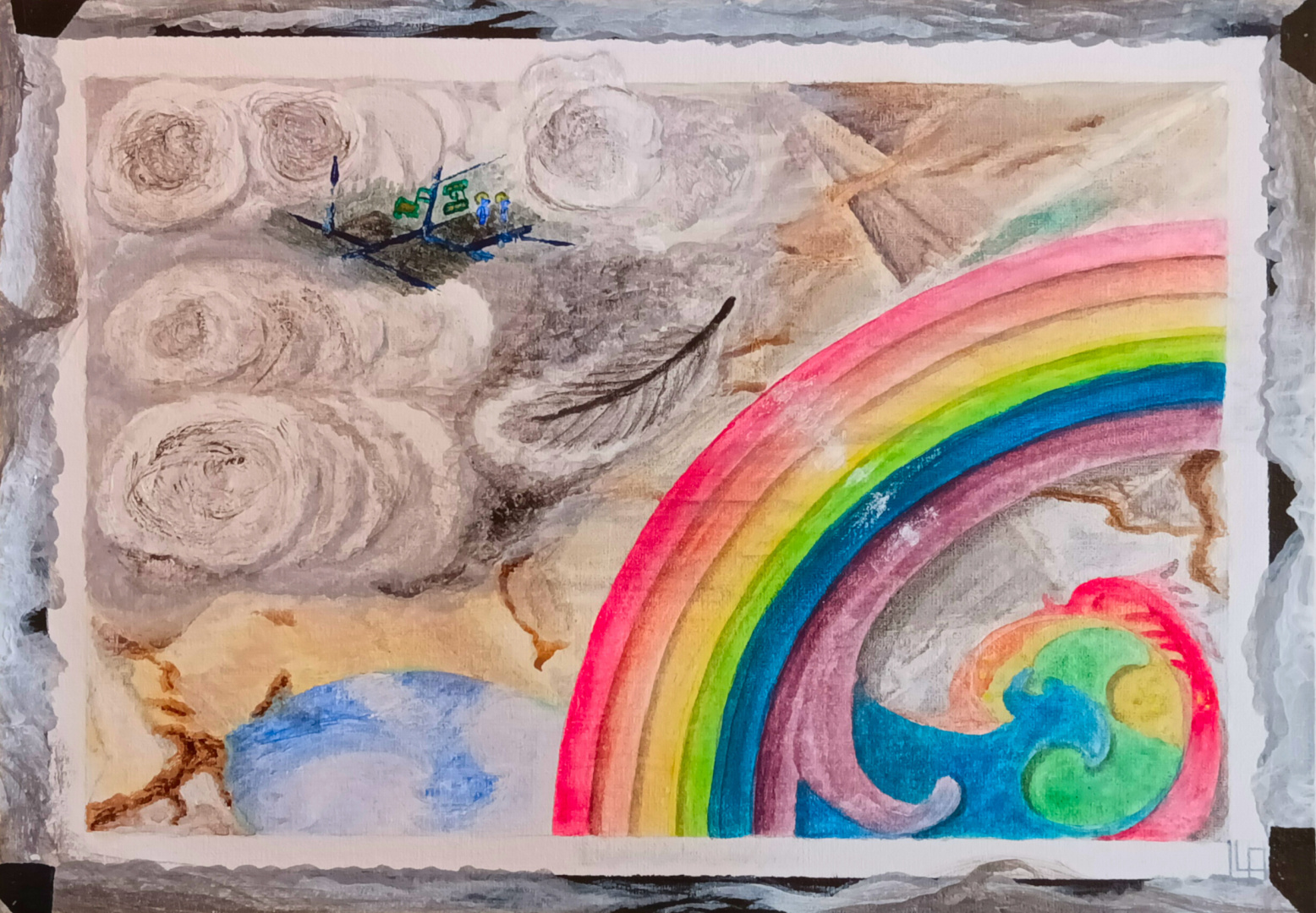 Abstract acrylic painting of aliens creating a rainbow, with clouds, a lake and the desert in the background.