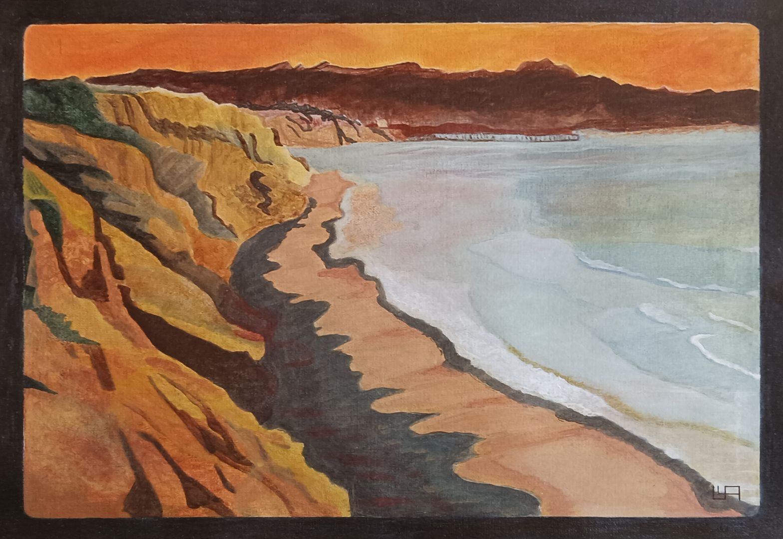 Acrylic painting of a beach at sunset, with a pier in the distance.