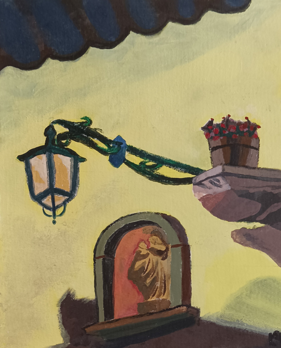 Acrylic painting of a statue, flowers and a lamp, all located inside an alley of a small town in Italy.