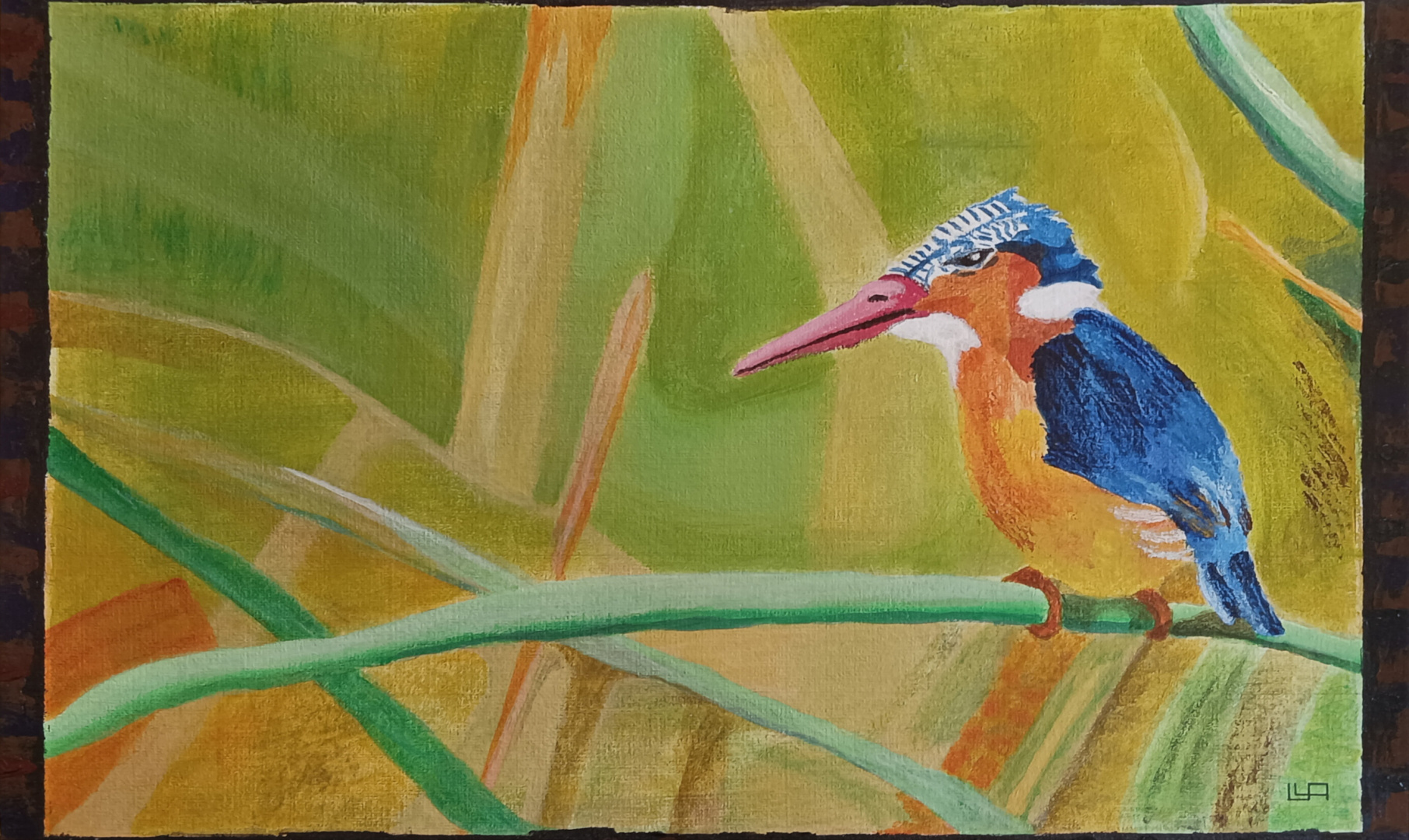 Acrylic painting of a colorful bird perching on a plant stem inside a swamp.