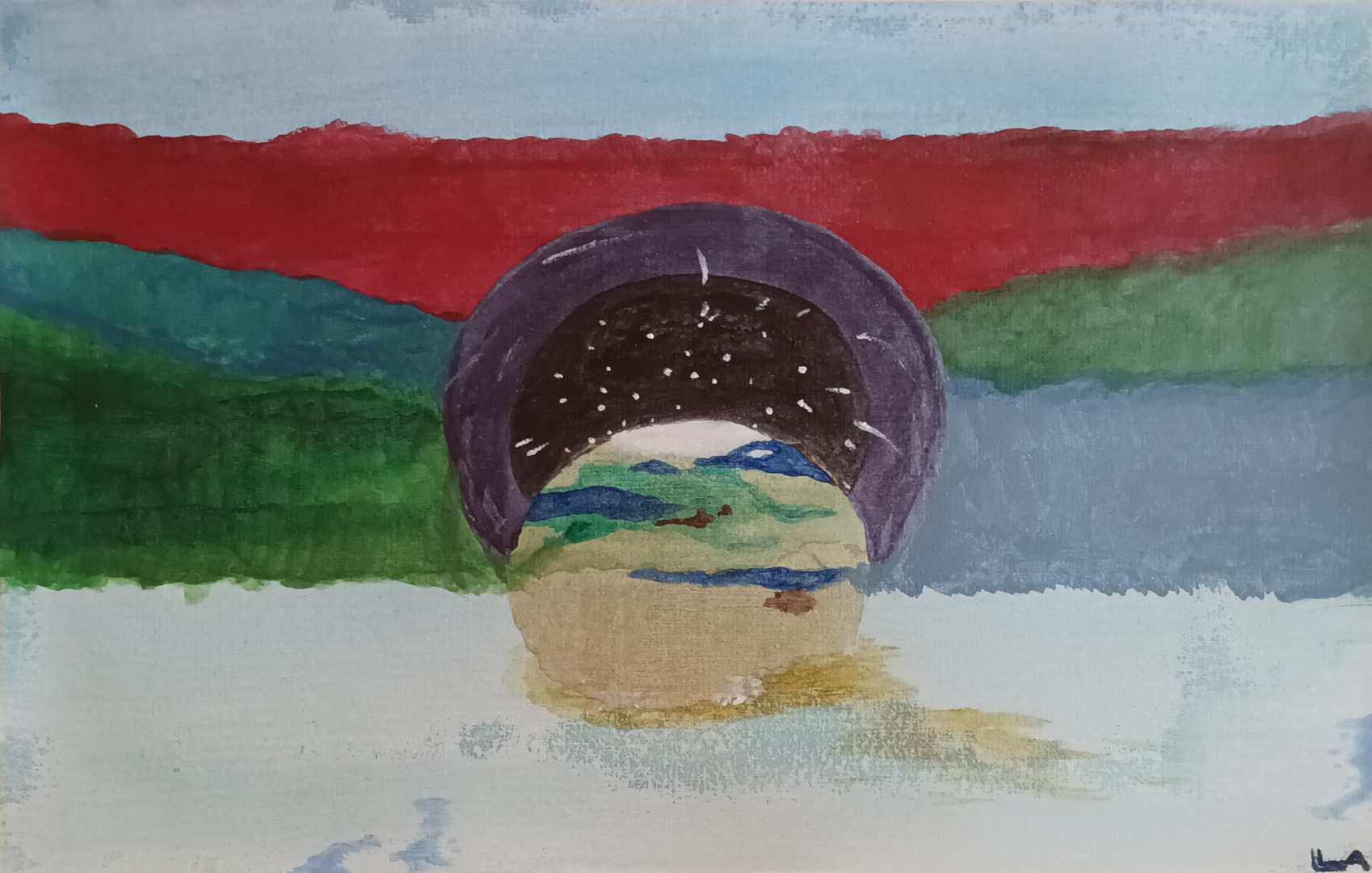 Abstract acrylic painting of a wormhole spitting out the Earth in a otherworldly ocean.