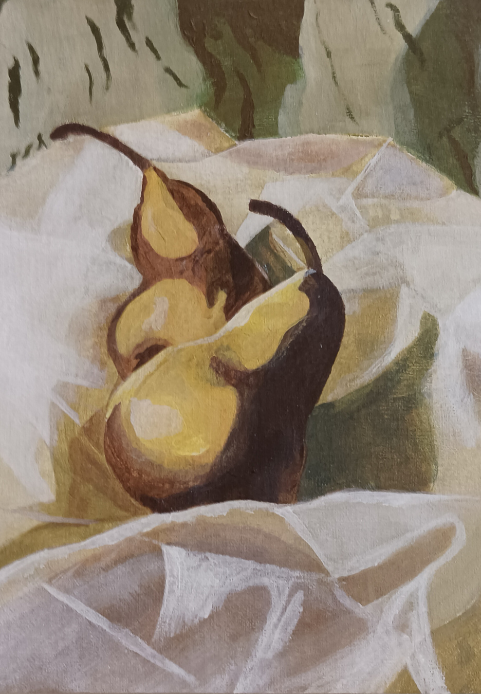 Acrylic painting (still life) of two pears on tulle fabric.