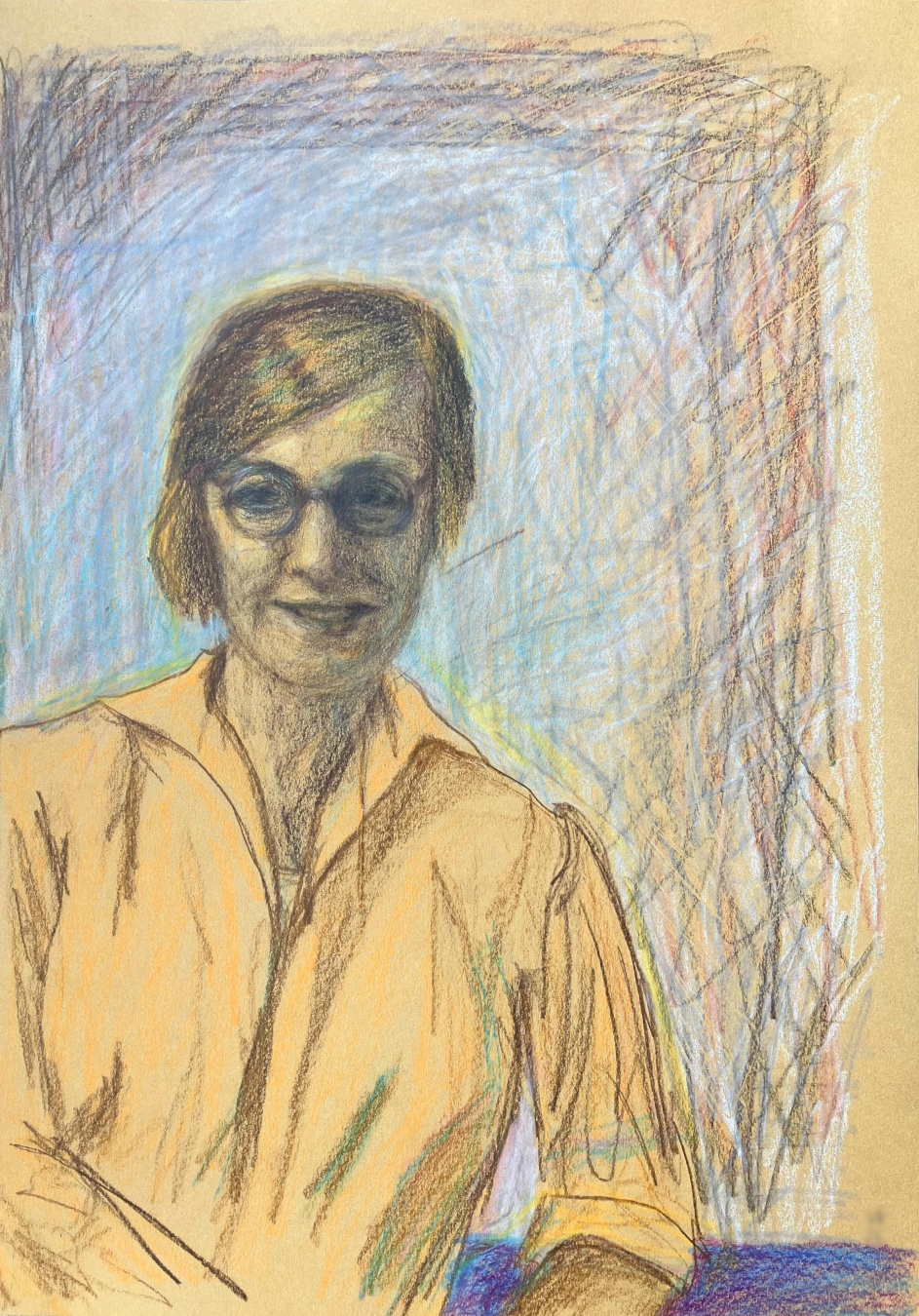 Drawing of a person's face and upper body, in colored pencil on sand-colored paper. The person is placed at the left, slightly leaning to the right, and looking left. They're mostly colored in yellow-orange and brown, but with some hints of blue-green and magenta. The background is mostly done in a lighter and brighter blue, which towards the edges turns into a darker brown and red.