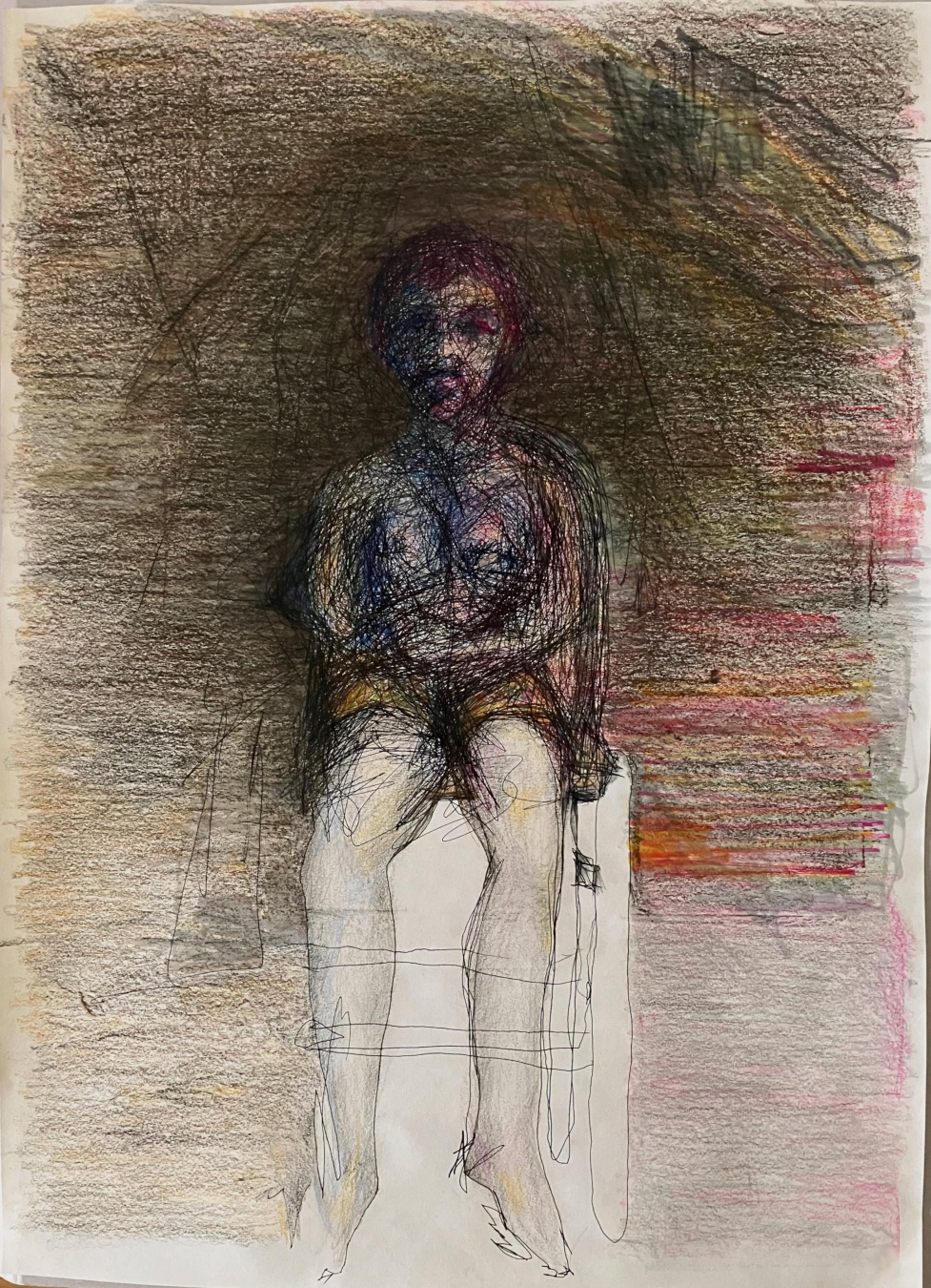 Drawing in ink and colored pencil on paper, of a person/child sitting on chair, looking right at the viewer. They are drawn with a rollerball pen, creating rough and haphazard patterns, which delineates their shape and form. Their upper body shifts in color, from blue/blue-green, to red violet and yellow. They are surrounded by mostly dark, earthy, brown colors, moving horizontally. Toward the edges it gets less dark, and colors such as pink and orange appear.