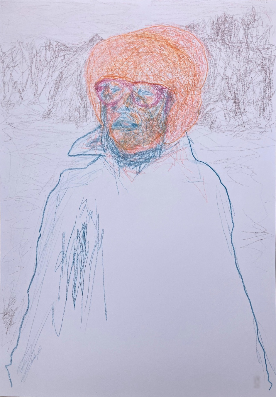Colored pencil drawing of a person in red glasses wearing a large winter hat and coat. Their face is in three quarter view as they are looking off to the left. The main colors are orange, red/red-orange, and blue. Bits of a grey landscape can be seen in the background.