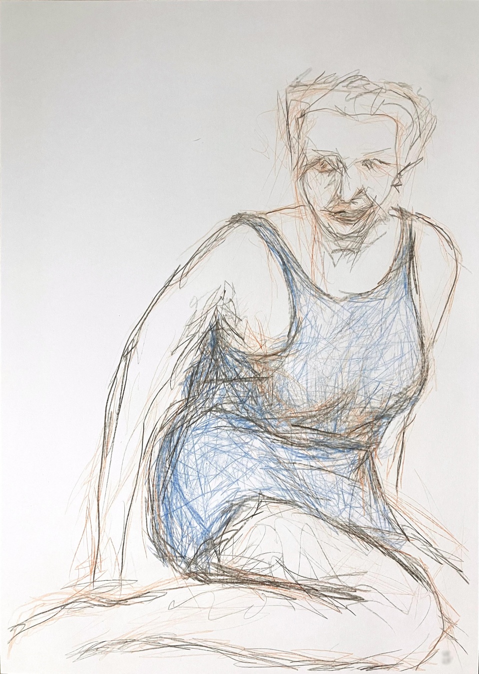 Drawing in colored pencil on Bristol paper of a female looking person in three quarter view, wearing a blue bathing suit, sitting on the ground and looking towards the left.