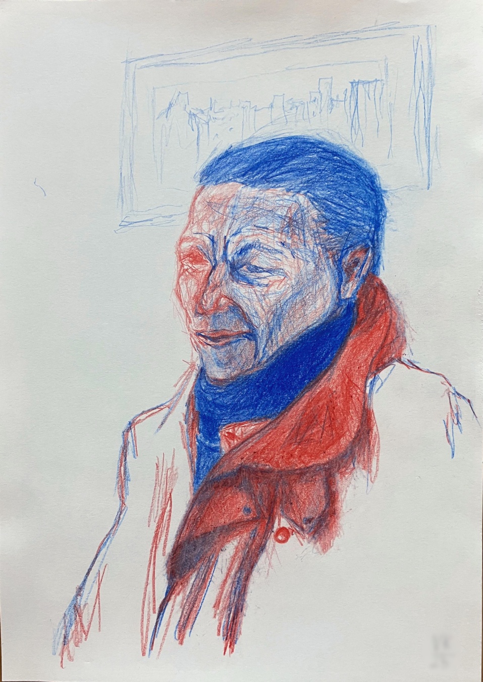 Drawing in colored lead of a person in three quarter view. Only two colors are used: blue and reddish orange. The right side of their face is more blue, the left more reddish orange, and the hair is blue. They're wearing a blue turtleneck sweater and a coat - the collar of the coat is dark reddish orange/violet. The rest of the body/clothes is only outlined. The background is all white space, except for a vaguely outlined painting.