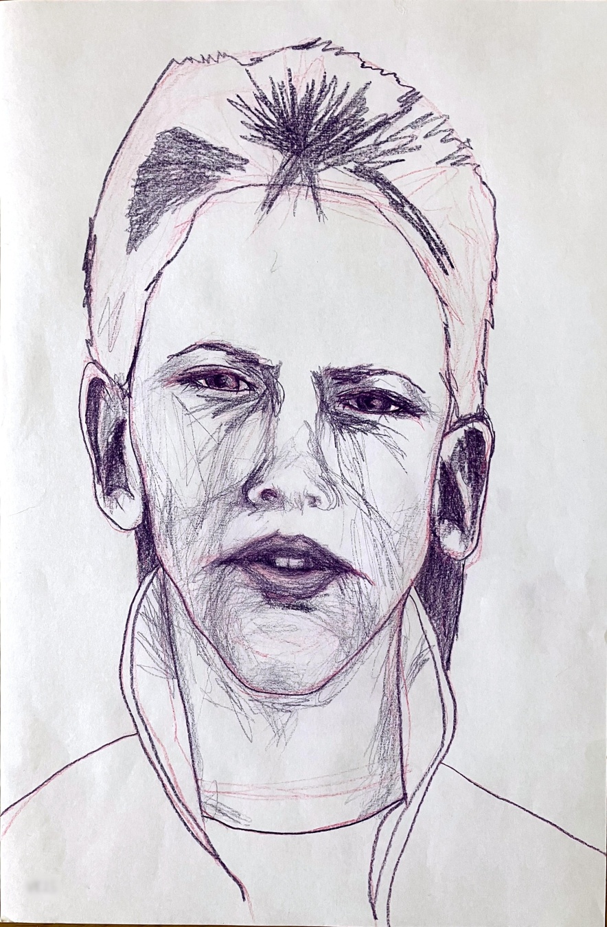 Drawing of a face, head, and top of shoulders of a person, in colored pencil on paper. The person is drawn in purple/violet mostly, but an underlayer of pink occasionally peaks through. They are looking directly at the viewer.