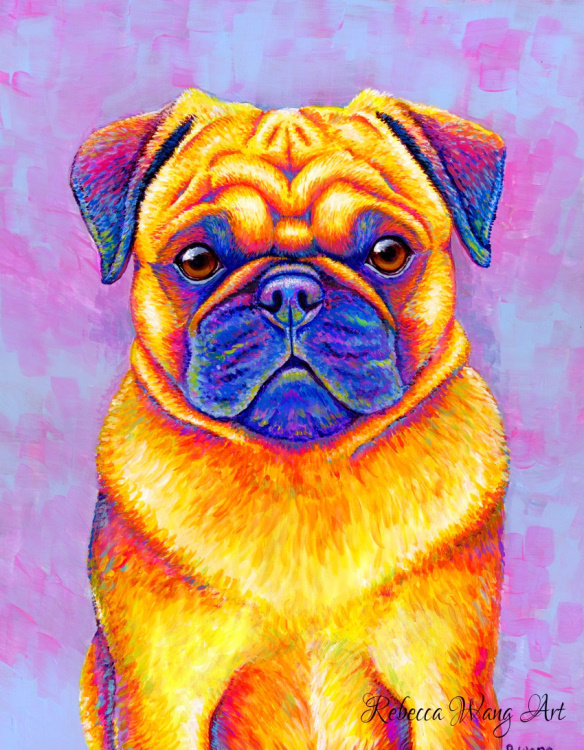 A colorful painting of a pug.