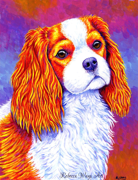 A colorful painting of a Cavalier King Charles Spaniel