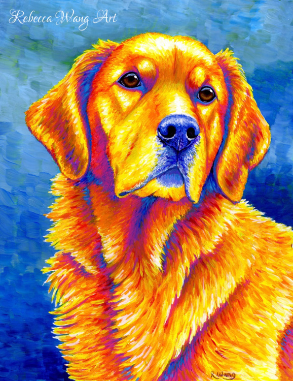 A colorful painting of a golden retriever dog