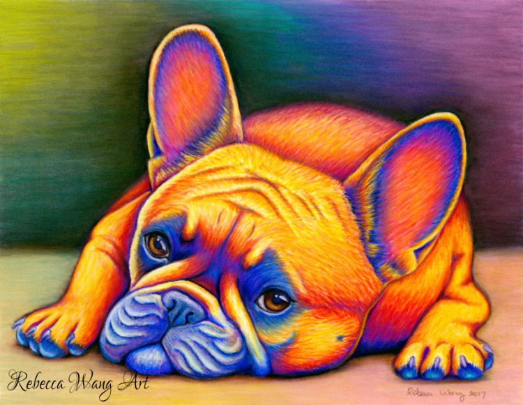 A colorful drawing of a french bulldog