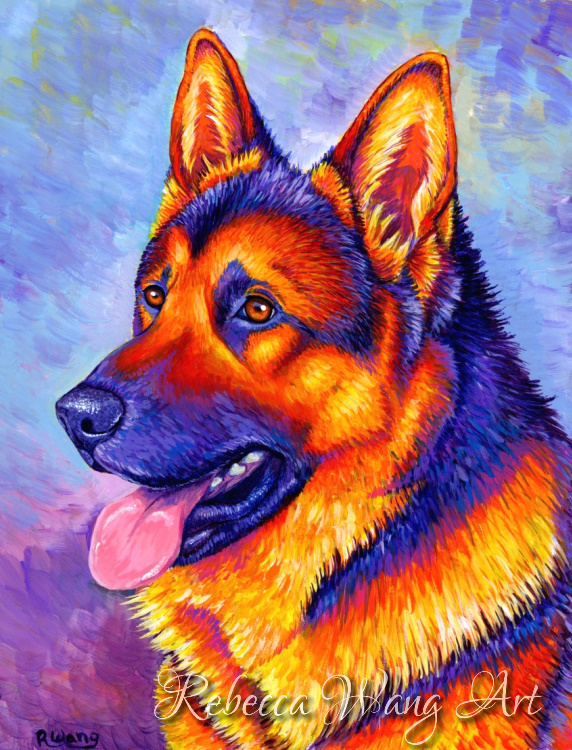 A colorful painting of a German shepherd dog.