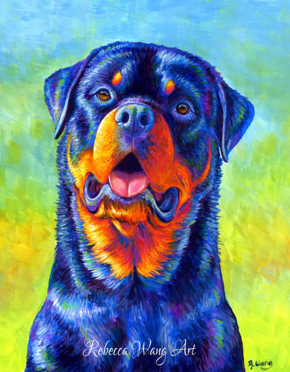 A colorful painting of a rottweiler dog in bright rainbow colors.