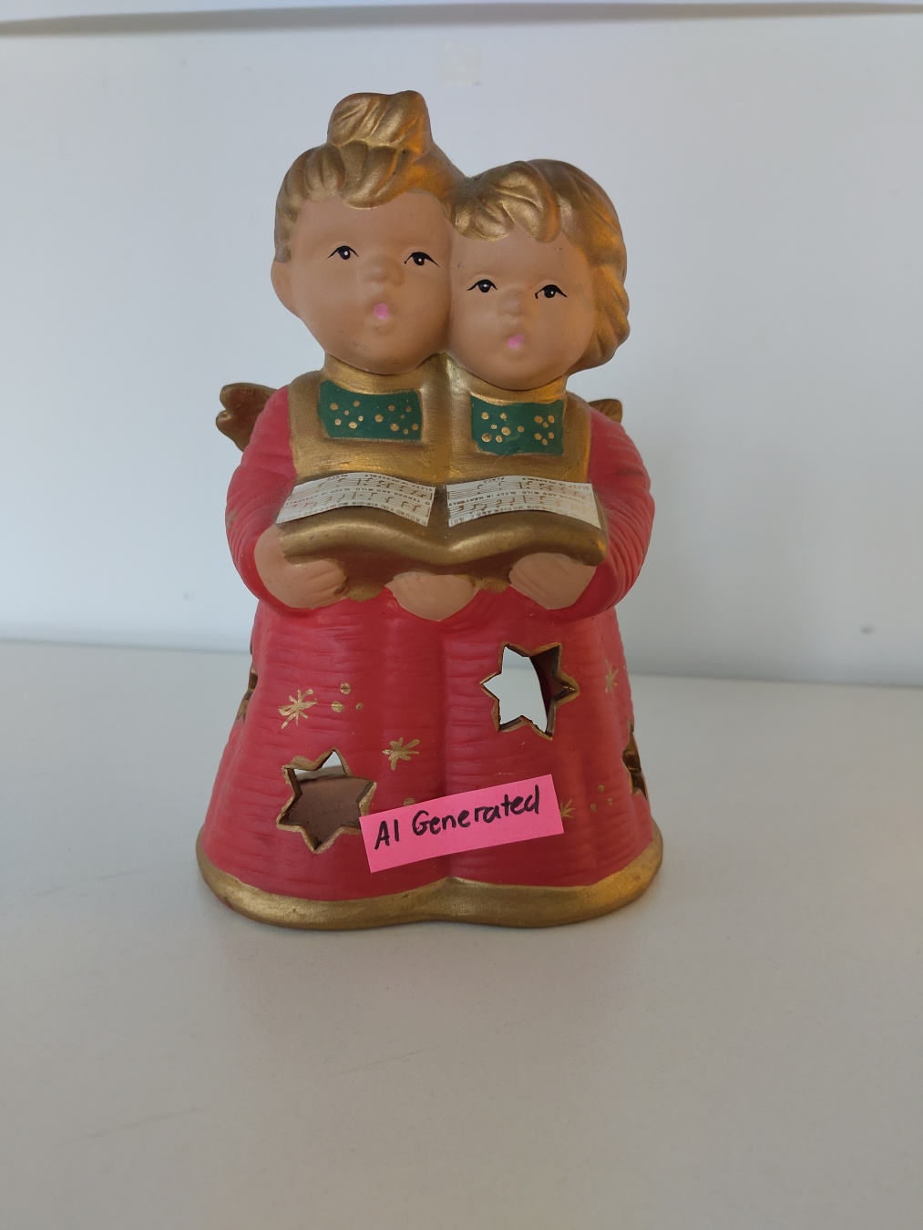 ugly Angels Figure with two heads and three Hands with a post it saying: "AI generated"